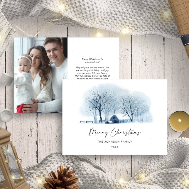 Tarjeta Festiva Navidades Blue Winter Village Rustic Landsca Photo (Subido por el creador)