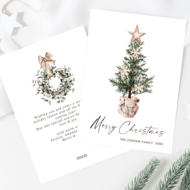 Tarjeta Festiva Navidades bohemios neutrales saludo en árbol de pi (Subido por el creador)