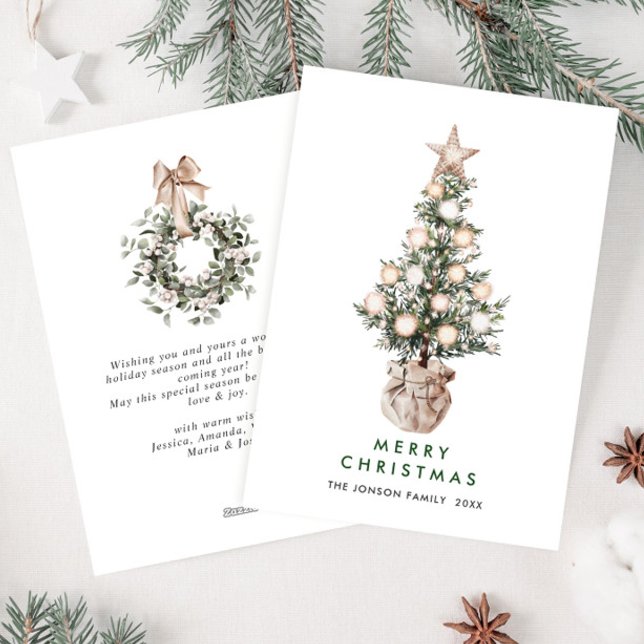 Tarjeta Festiva Navidades bohemios neutrales saludo en árbol de pi (Subido por el creador)