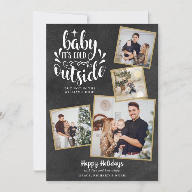 Tarjeta Festiva Navidades Boho Chalkboard 4 Collage de fotos (Anverso)