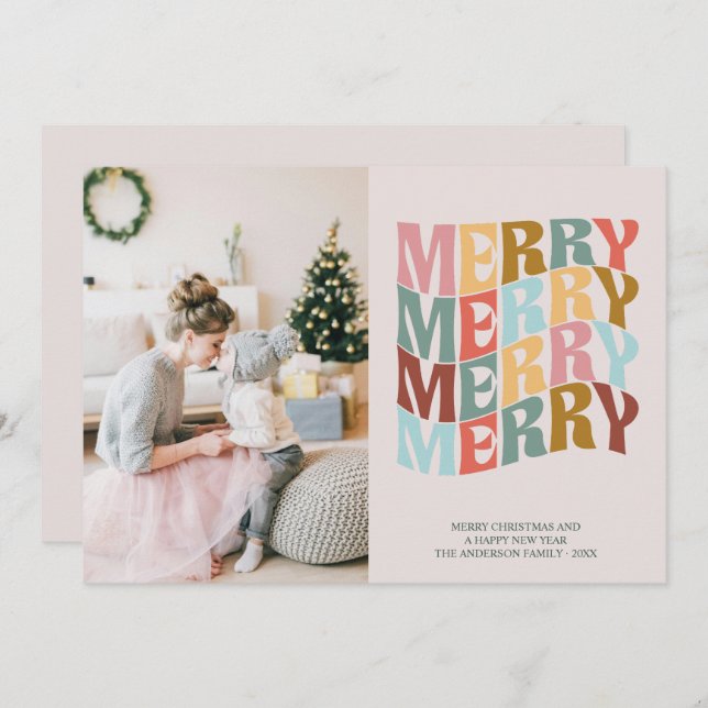 Tarjeta Festiva Navidades Boho Pastel Merry Wave Typography Foto (Anverso / Reverso)