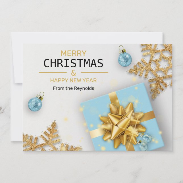 Tarjeta Festiva Navidades Bolas Blue Gift Box Gold Snowflakes (Anverso)