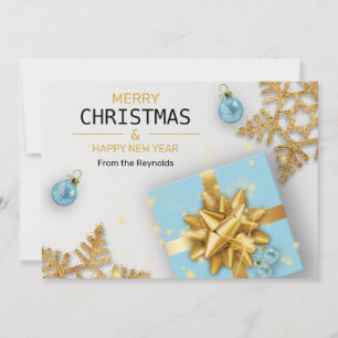 Tarjeta Festiva Navidades Bolas Blue Gift Box Gold Snowflakes