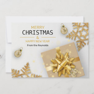 Tarjeta Festiva Navidades Bolas Caja de Regalo de Oro Copos de nie