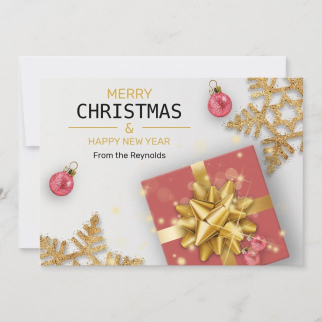 Tarjeta Festiva Navidades Bolas Red Gift Box Gold Snowflakes (Anverso)