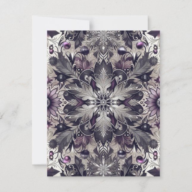 Tarjeta Festiva Navidades bonito morado, negro, plateado y taúpe (Anverso)