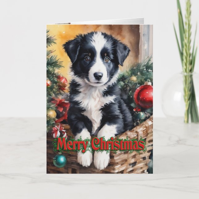 Tarjeta Festiva Navidades Borde cachorro de Collie en una cesta (Anverso)