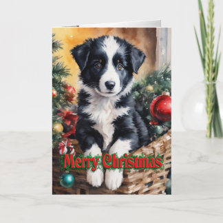 Tarjeta Festiva Navidades Borde cachorro de Collie en una cesta