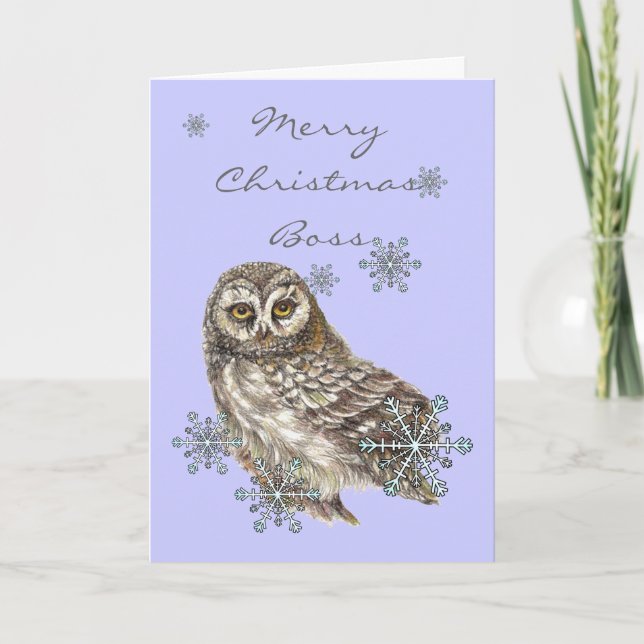 Tarjeta Festiva Navidades Boss Nieve y Ave acuosa de búho (Anverso)