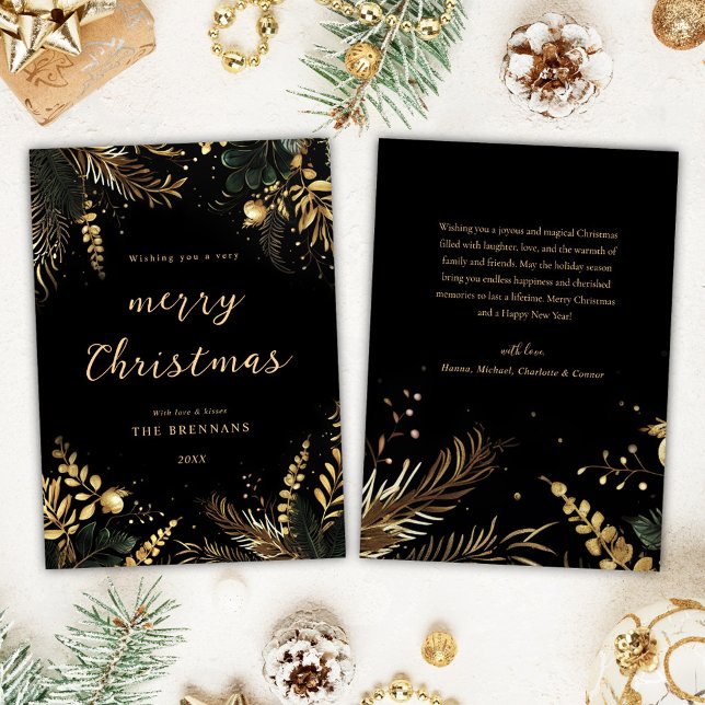 Tarjeta Festiva Navidades Botánico Negro Oro Moderno Elegante (Christmas Botanical Black Gold Modern Elegant Holiday Card)
