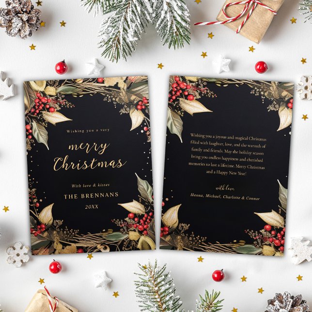 Tarjeta Festiva Navidades Botánico Negro Y Oro Elegante (Christmas Botanical Black And Gold Elegant Holiday Card)
