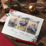 Tarjeta Festiva Navidades botánicos<br><div class="desc">Navidades botánicos,  tarjeta de vacaciones de 3 fotos. Acuarela Verde invernal y arreglos florales con tipografía de moda minimalista y respaldo de color rojo coordinado.</div>