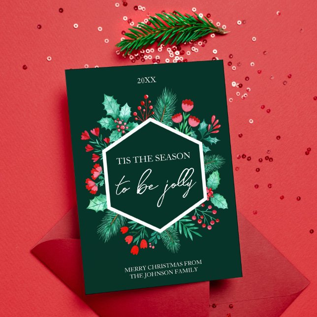 Tarjeta Festiva Navidades botánicos de acuarela (Watercolor Botanical Family Christmas Holiday Card)