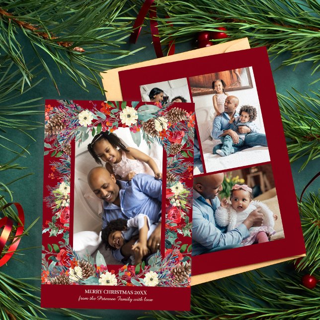 Tarjeta Festiva Navidades botánicos de acuarela multifoto de carác (Subido por el creador)