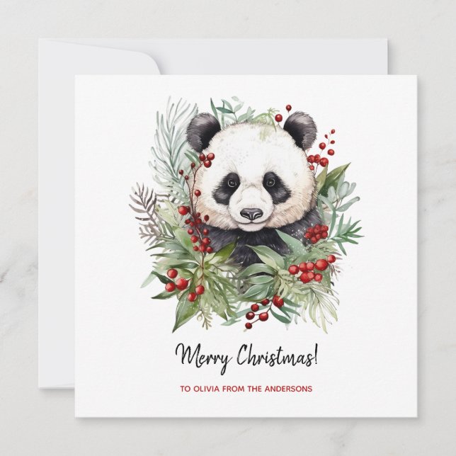 Tarjeta Festiva Navidades botánicos de Cute Panda Bear Rustic (Anverso)