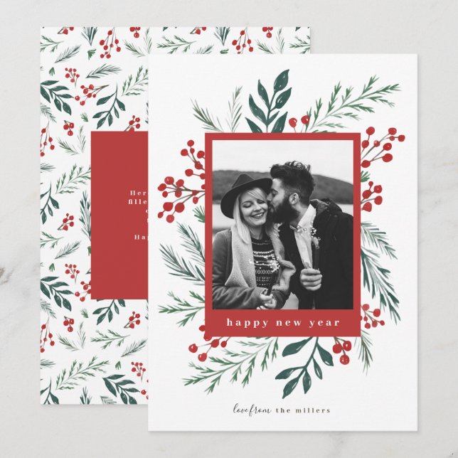 Tarjeta Festiva Navidades Botánicos de Invierno Foto Año Nuevo Roj (Anverso / Reverso)