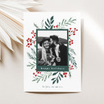 Tarjeta Festiva Navidades botánicos de invierno Foto Verde Feliz<br><div class="desc">Esta tarjeta de vacaciones completamente personalizable de 1- foto incluye botánicos de invierno de color acuático pintados a mano que enmarcan la foto. Viene con un patrón de coincidencia en la parte trasera y en la sala para escribir un mensaje personalizado. ¿Quieres personalizar aún más? Haga clic en "Editar usando...</div>