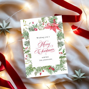 Tarjeta Festiva Navidades botánicos de Poinsettia, Pine & Holly