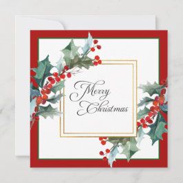 Tarjeta Festiva Navidades botánicos de Watercolor Holly y Berries