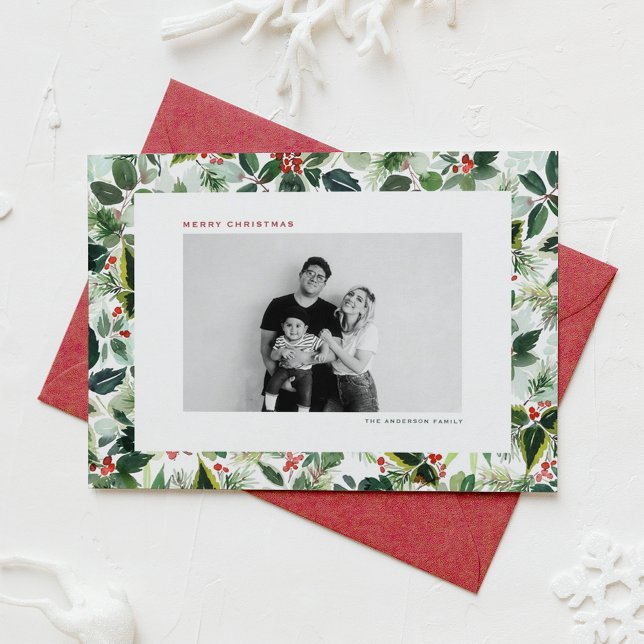 Tarjeta Festiva Navidades botánicos de Winterberry Photo (Customizable botanical photo Christmas card featuring watercolor holly and greenery pattern. )
