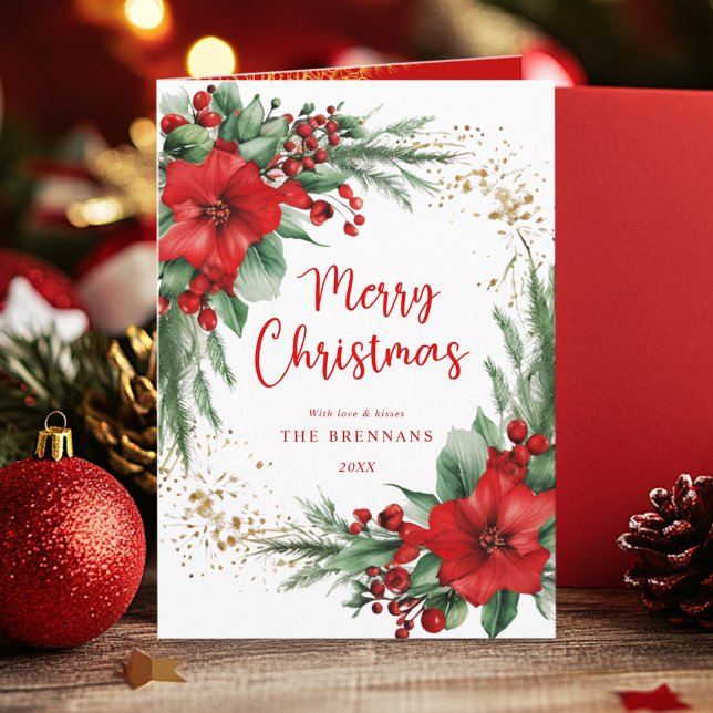 Tarjeta Festiva Navidades Botánicos Elegantes de Red Green (Red Green Elegant Botanical Photo Christmas Holiday Card)