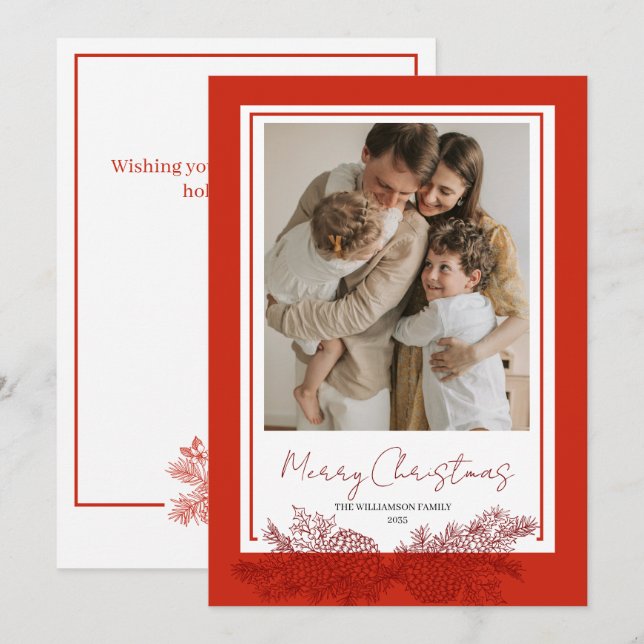 Tarjeta Festiva Navidades Botánicos Elegantes y Rojos (Anverso / Reverso)