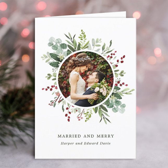 Tarjeta Festiva Navidades botánicos Green Married and Merry Photo (Subido por el creador)