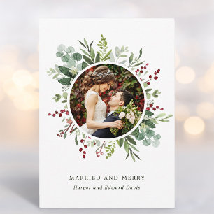 Tarjeta Festiva Navidades botánicos Green Married and Merry Photo