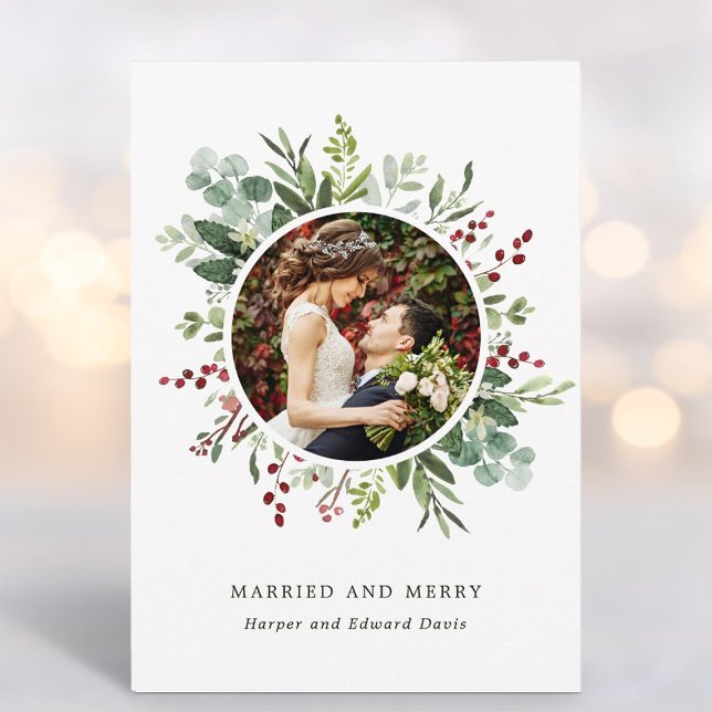 Tarjeta Festiva Navidades botánicos Green Married and Merry Photo (Subido por el creador)