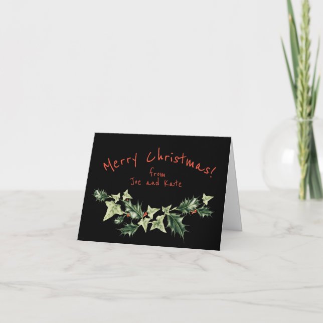 Tarjeta Festiva Navidades botánicos personalizados de Holly y Ivy (Anverso)
