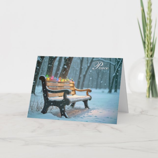 Tarjeta Festiva Navidades brillantes iluminan un banco de parque (Anverso)