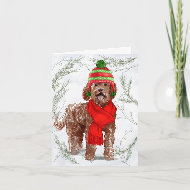Tarjeta Festiva Navidades Brown Labradoodle y Pinos Botánicos (Anverso)
