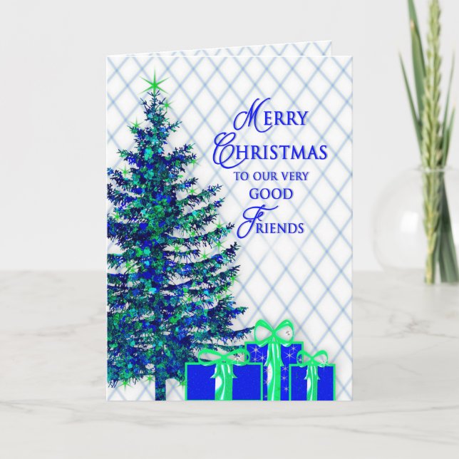 Tarjeta Festiva Navidades, buenos amigos, azul/árbol, regalos (Anverso)