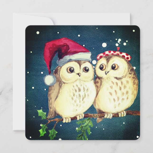 Tarjeta Festiva Navidades búhos enamorados (Anverso)
