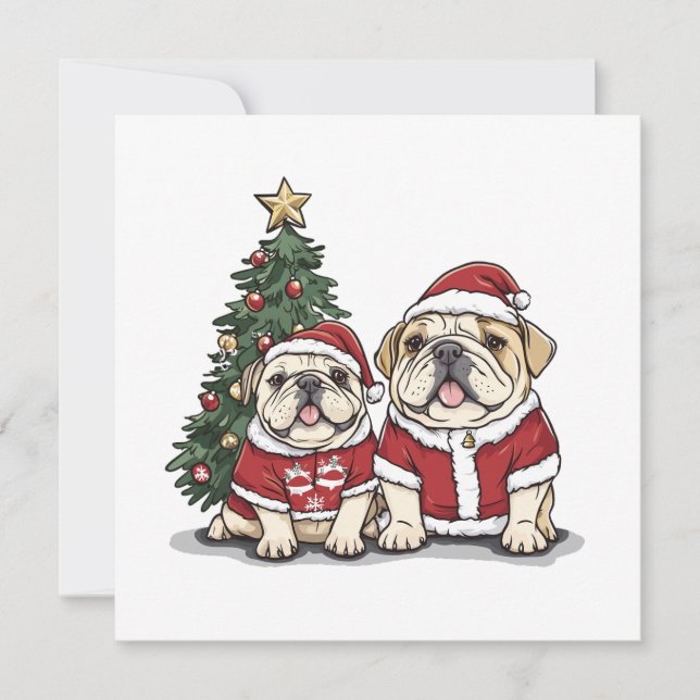 Tarjeta Festiva Navidades Bulldog inglés Santa Hats (Anverso)