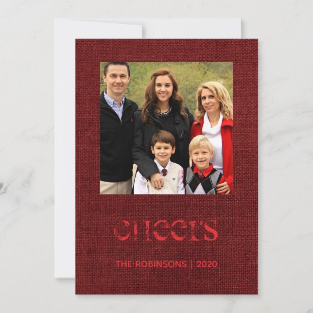 Tarjeta Festiva Navidades Burgundy Burlap Snowflakes Family Photo (Anverso)