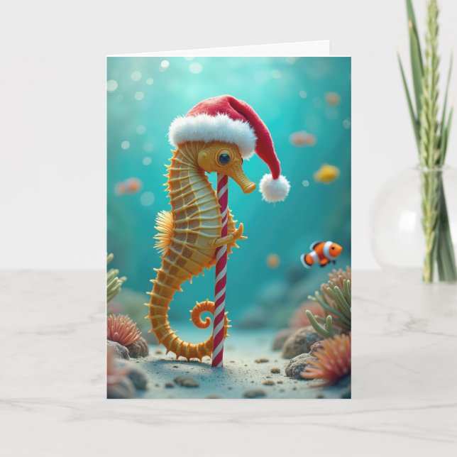 Tarjeta Festiva Navidades Caballo de Mar con Candy Cane (Anverso)