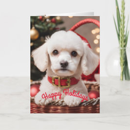 Tarjeta Festiva Navidades cachorro de perro cangrejo en una canast