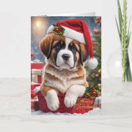 Tarjeta Festiva Navidades cachorro de San Bernardo en una canasta
