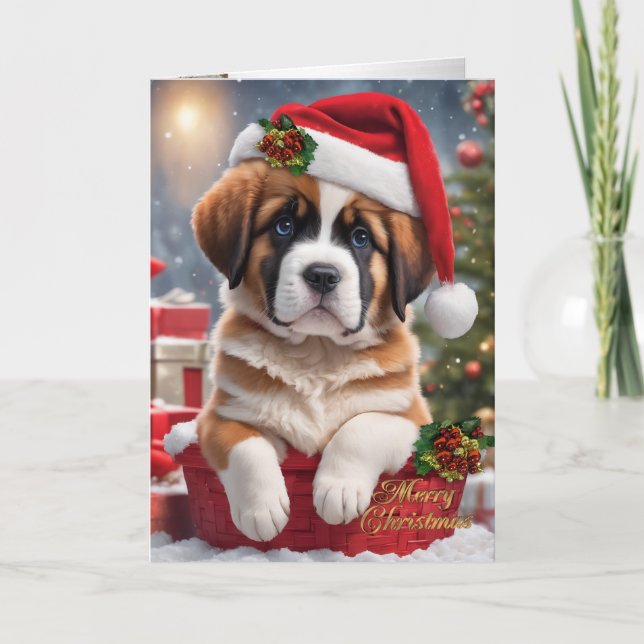 Tarjeta Festiva Navidades cachorro de San Bernardo en una canasta (Anverso)