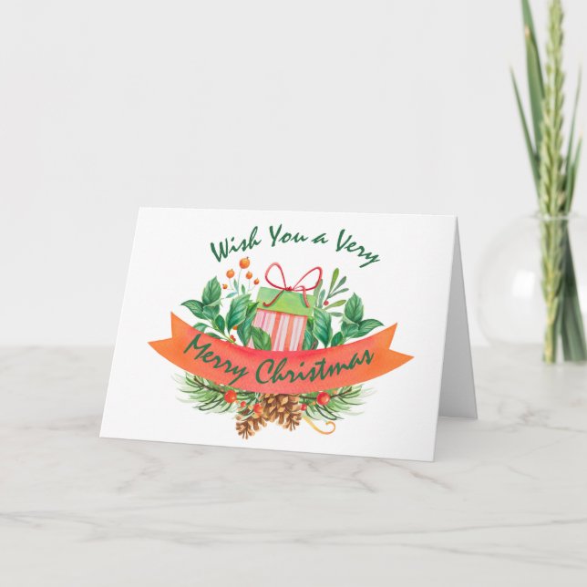 Tarjeta Festiva Navidades Caja de regalo Naranja floral acuarela m (Anverso)
