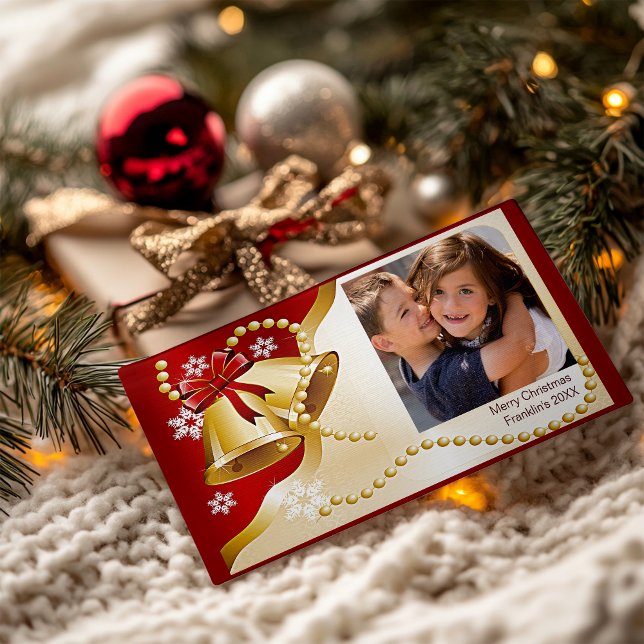 Tarjeta Festiva Navidades campanas y cuentas tu foto (Christmas Bells & Beads Your Photo Holiday Card)