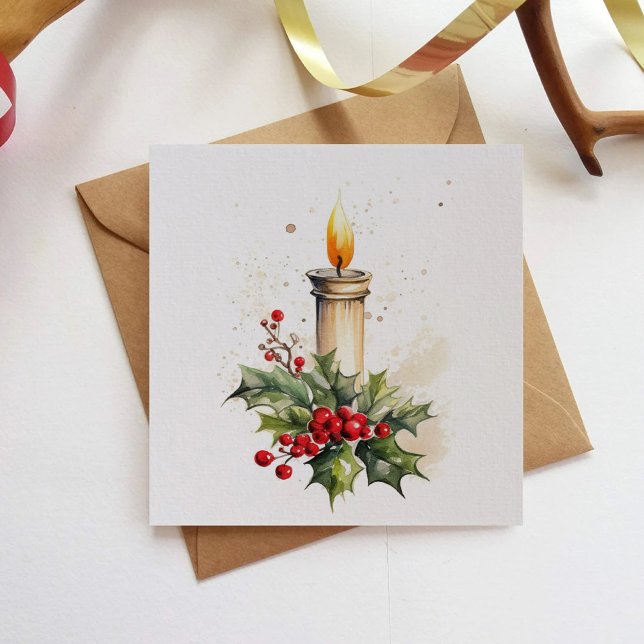 Tarjeta Festiva Navidades Candle Holly Leaves Y Berries Pintura (Subido por el creador)