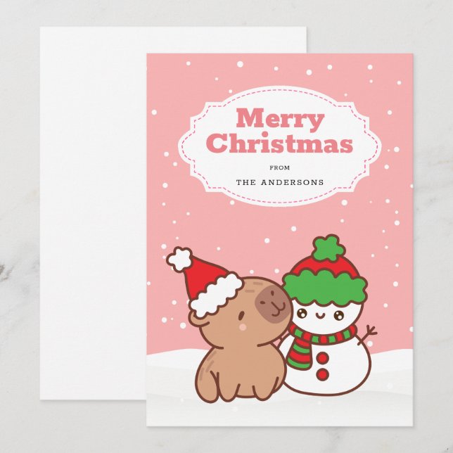 Tarjeta Festiva Navidades Capibara Y Snowman Cute (Anverso / Reverso)