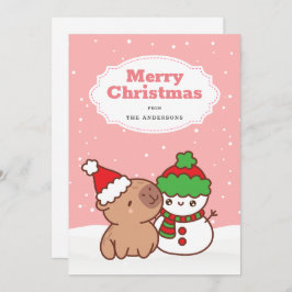 Tarjeta Festiva Navidades Capibara Y Snowman Cute