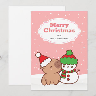 Tarjeta Festiva Navidades Capibara Y Snowman Cute