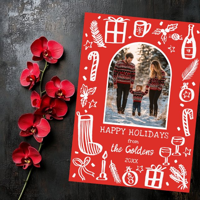 Tarjeta Festiva Navidades caprichosos adoran foto del arco Persona (Whimsical Christmas Doodle Sketch Hand-drawn Red White Cute Custom Arch PHOTO Holiday Card
)