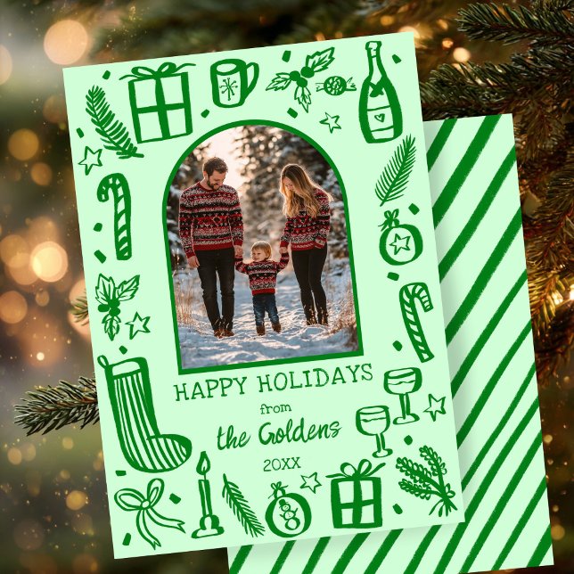 Tarjeta Festiva Navidades caprichosos adoran foto del arco Persona (Whimsical Christmas Cute Custom Arch PHOTO Green Doodle Sketch Hand-drawn Holiday Card
)