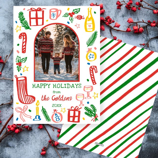 Tarjeta Festiva Navidades caprichosos adoran foto del arco Persona (Whimsical Christmas Cute Doodle Sketch Custom Arch PHOTO Holiday Card)
