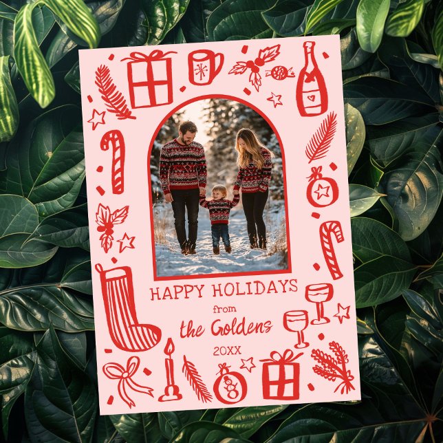 Tarjeta Festiva Navidades caprichosos adoran foto del arco Persona (Whimsical Doodle Sketch Christmas Cute Custom Arch PHOTO Holiday Card Pink Red
)